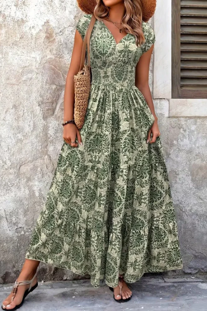 Punko Vintage V-Neck Printed Maxi Dress with Cap Sleeves