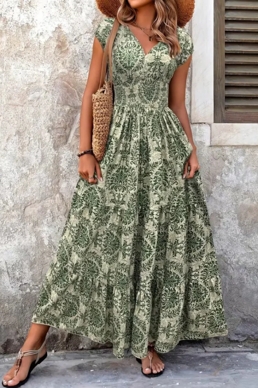 Punko Vintage V-Neck Printed Maxi Dress with Cap Sleeves