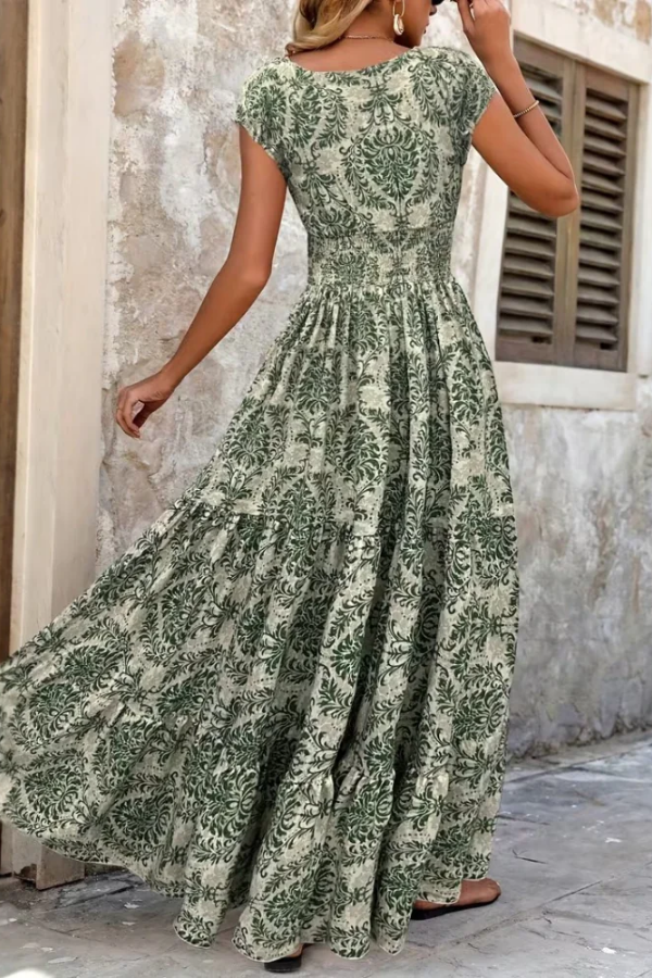 Punko Vintage V-Neck Printed Maxi Dress with Cap Sleeves