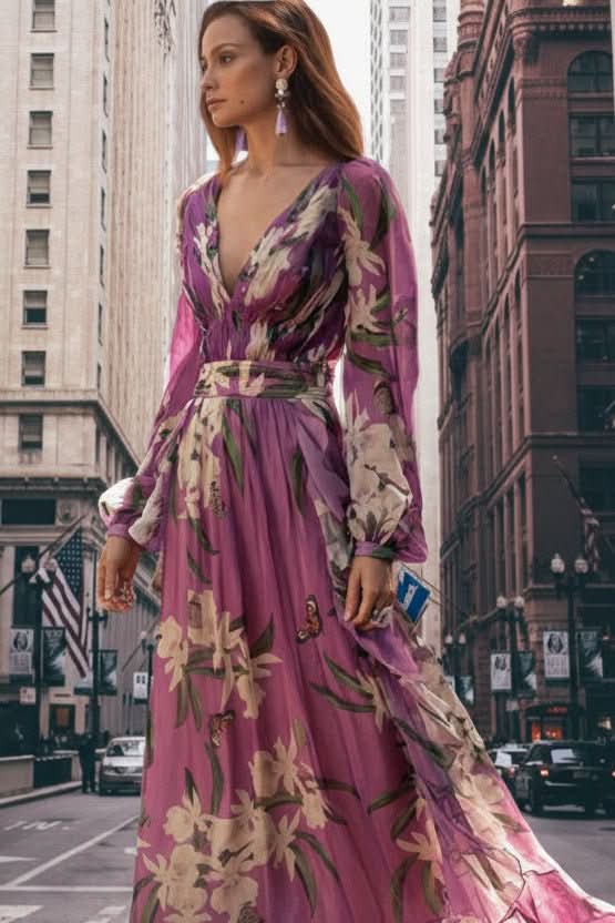 Punko Vintage V-Neck Floral Print Maxi Dress with Long Sleeves