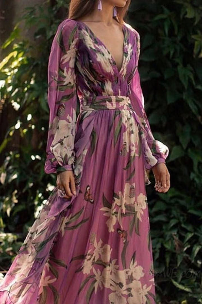 Punko Vintage V-Neck Floral Print Maxi Dress with Long Sleeves