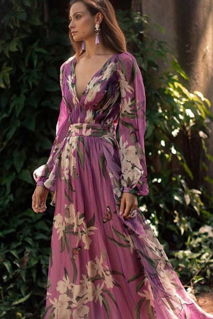 Punko Vintage V-Neck Floral Print Maxi Dress with Long Sleeves