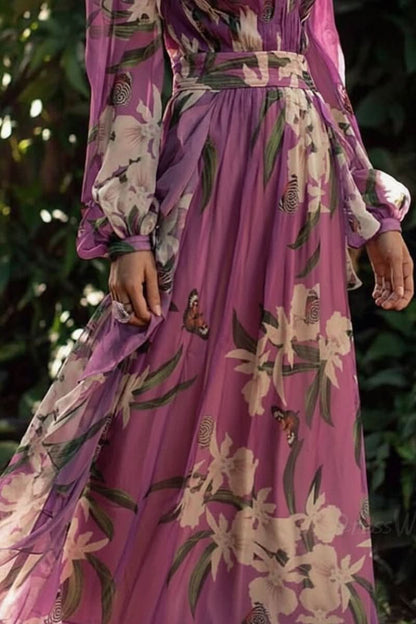 Punko Vintage V-Neck Floral Print Maxi Dress with Long Sleeves