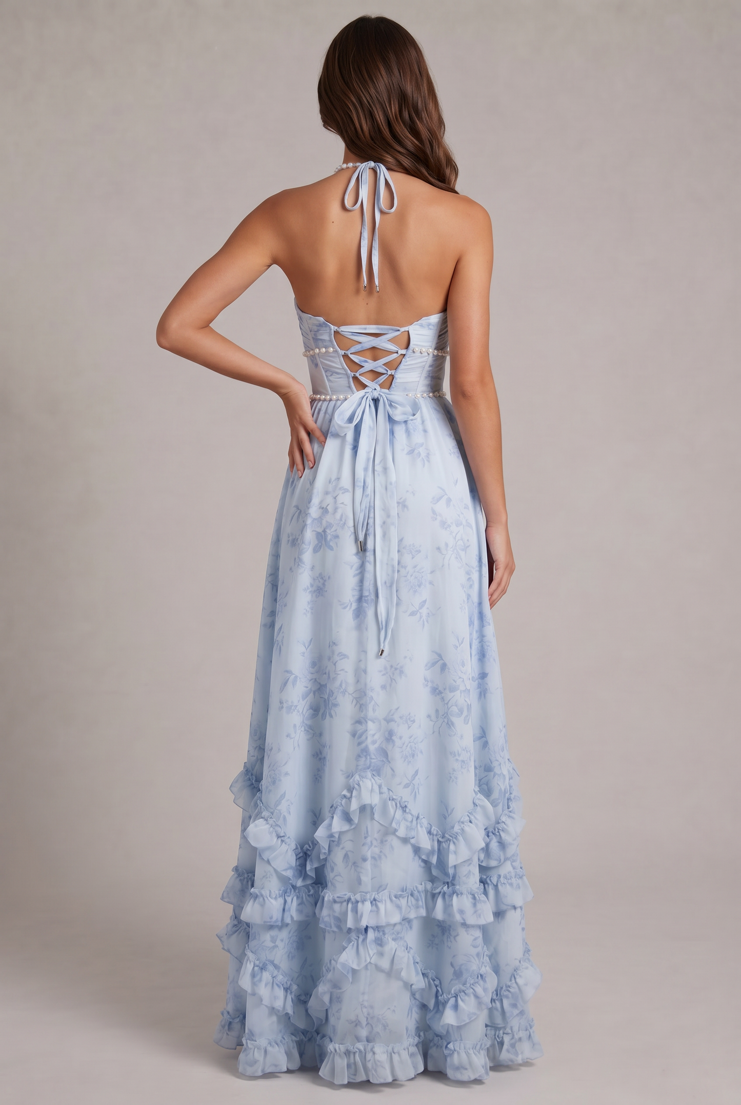 Punko Vintage Halter Floral Maxi Dress with Pearl Trim