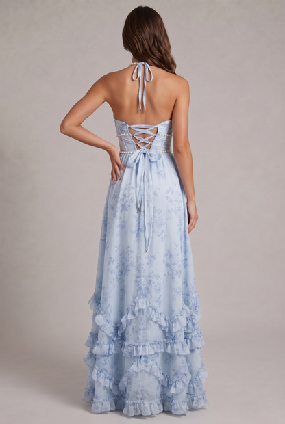 Punko Vintage Halter Floral Maxi Dress with Pearl Trim