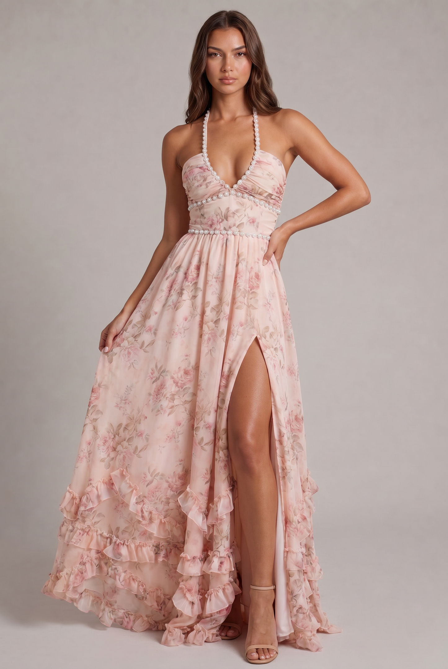Punko Vintage Halter Floral Maxi Dress with Pearl Trim
