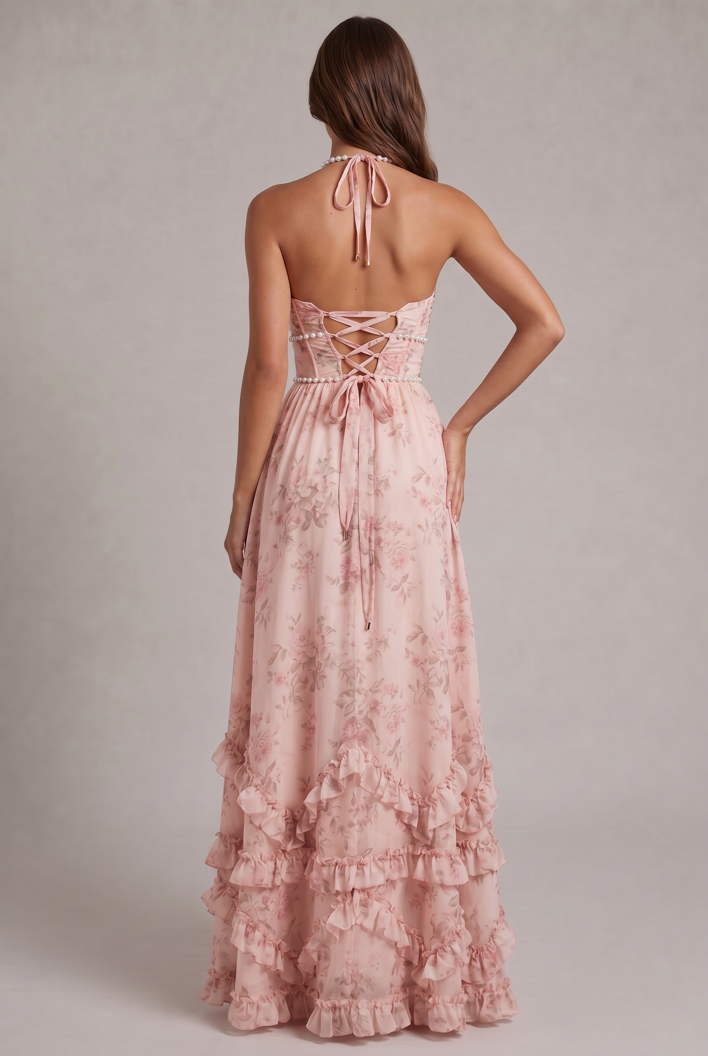 Punko Vintage Halter Floral Maxi Dress with Pearl Trim