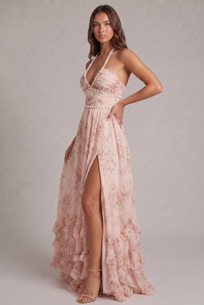 Punko Vintage Halter Floral Maxi Dress with Pearl Trim