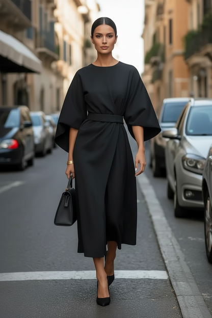 Punko Vintage Wrap-Style Midi Dress with Bell Sleeves