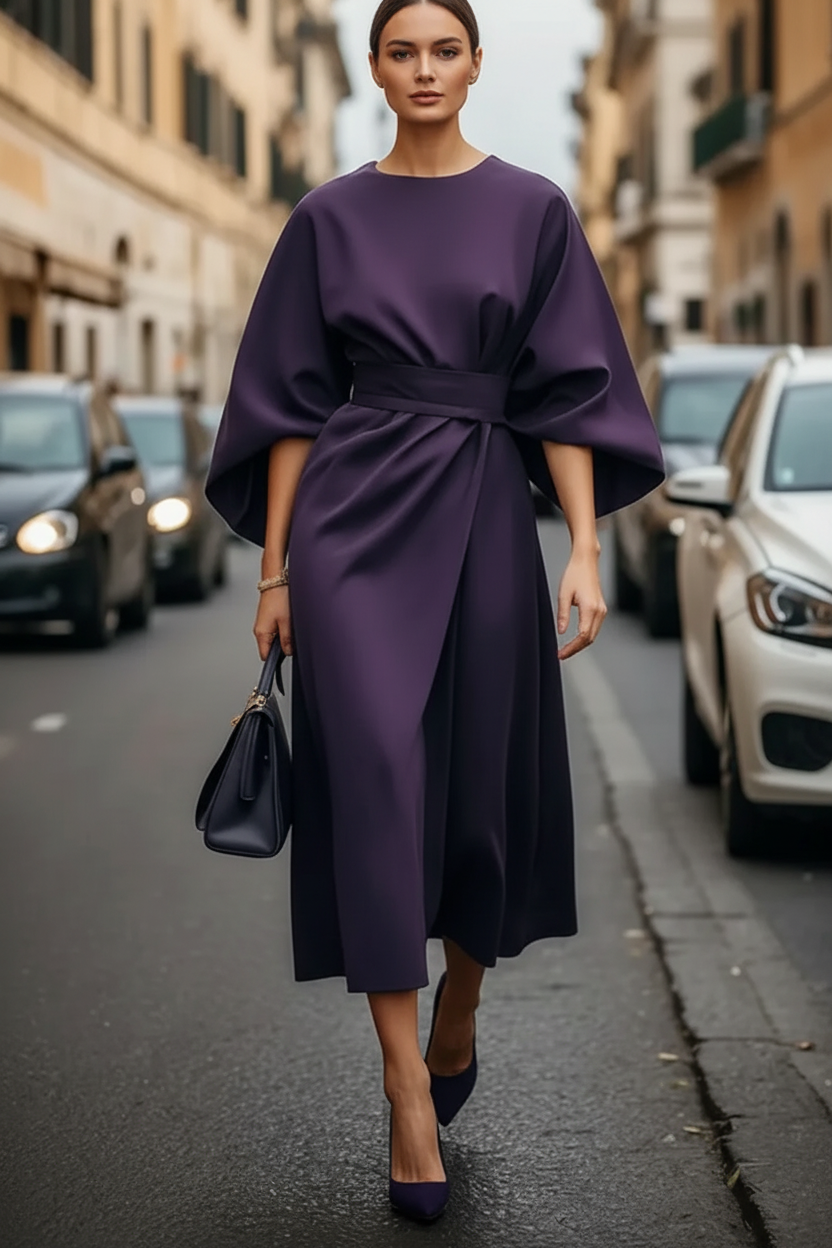 Punko Vintage Wrap-Style Midi Dress with Bell Sleeves