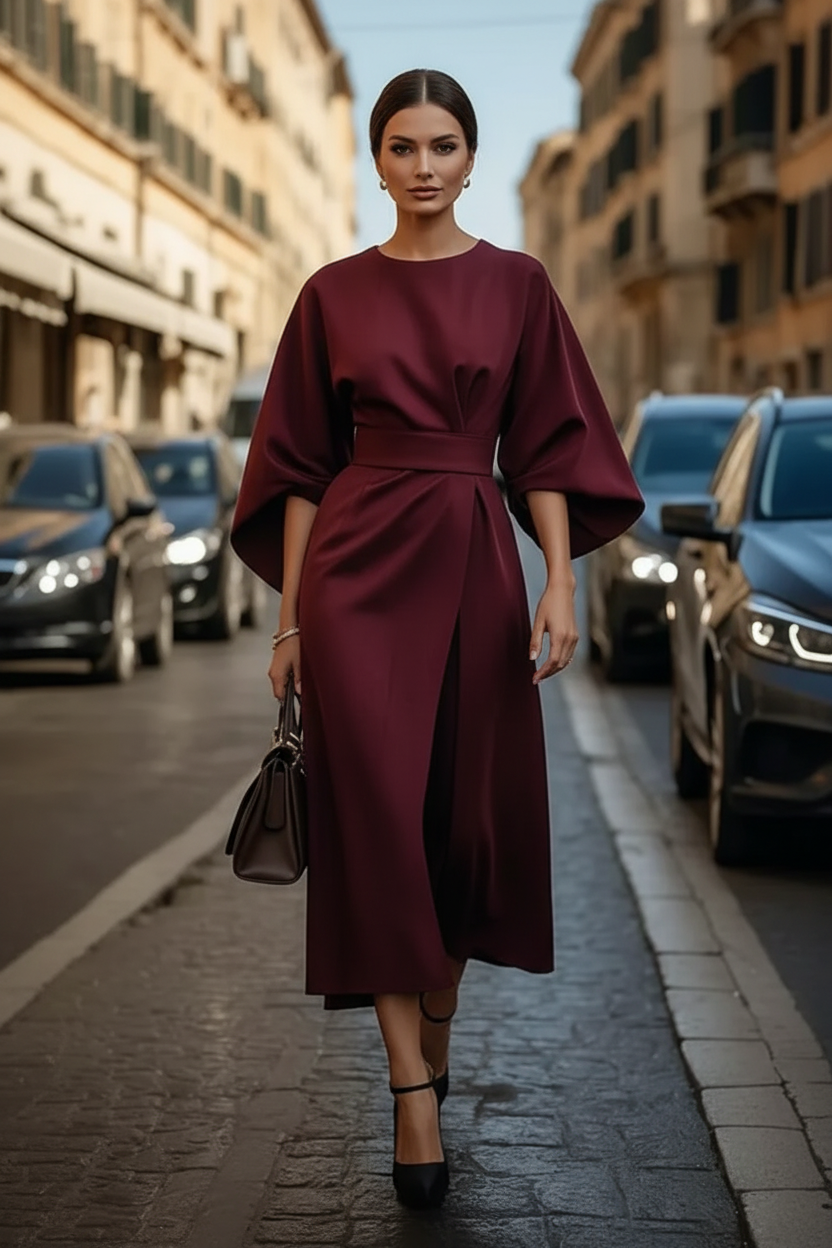 Punko Vintage Wrap-Style Midi Dress with Bell Sleeves