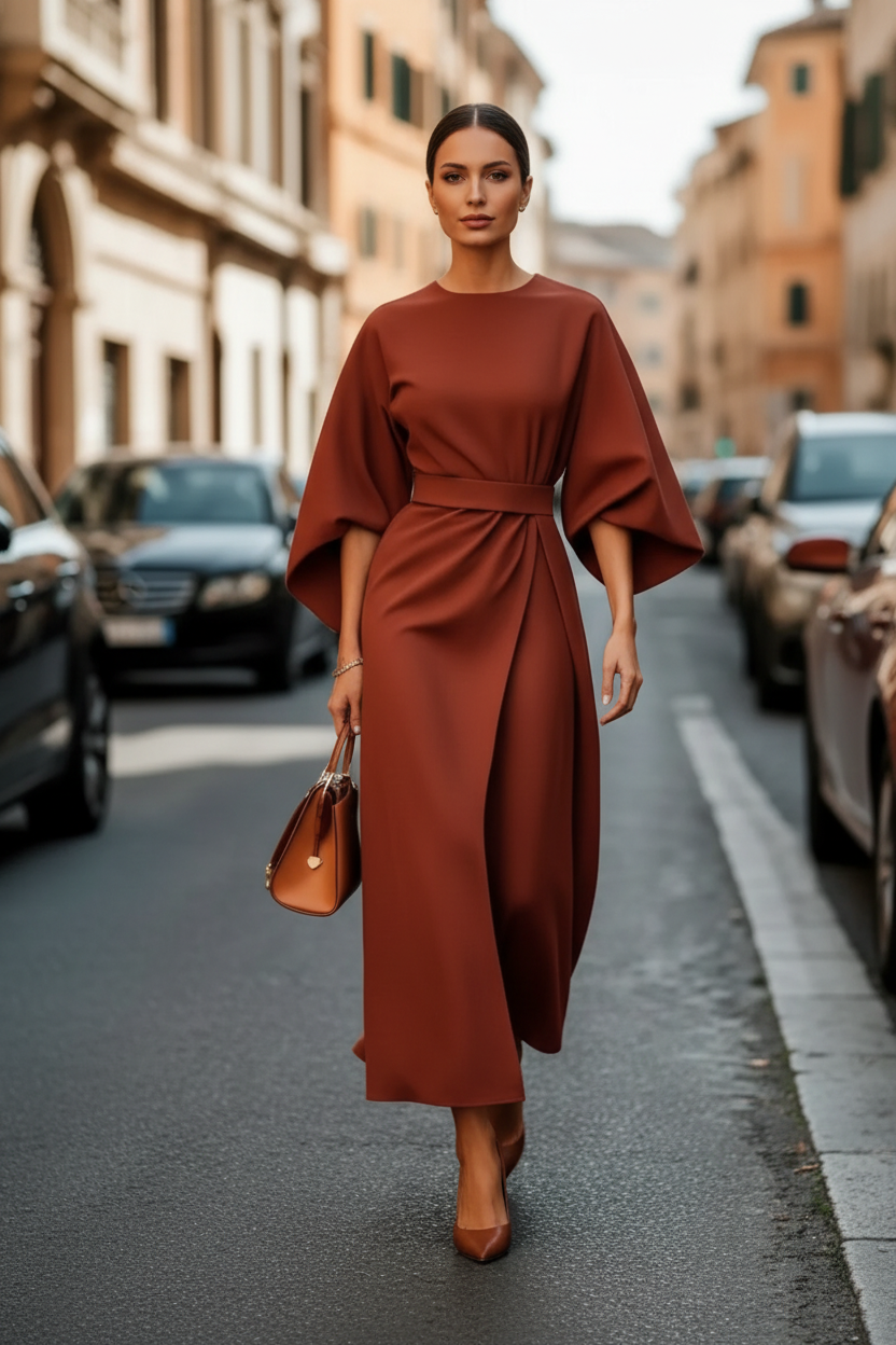 Punko Vintage Wrap-Style Midi Dress with Bell Sleeves