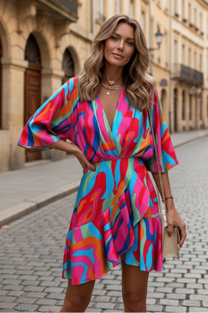 Punko Vintage V-Neck Palm Print Mini Dress with Batwing Sleeves