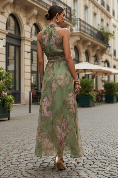 Punko Vintage Halter Floral Maxi Dress with Chain Neckline