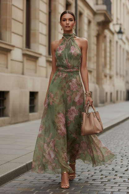 Punko Vintage Halter Floral Maxi Dress with Chain Neckline
