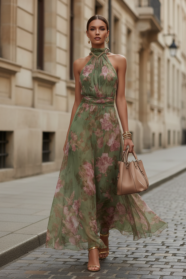 Punko Vintage Halter Floral Maxi Dress with Chain Neckline